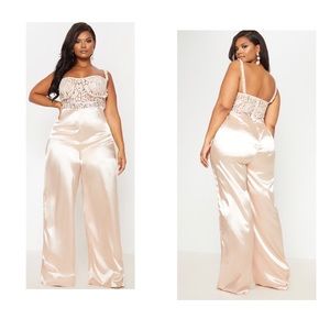 Champagne Frill Detail Lace Top Satin Jumpsuit